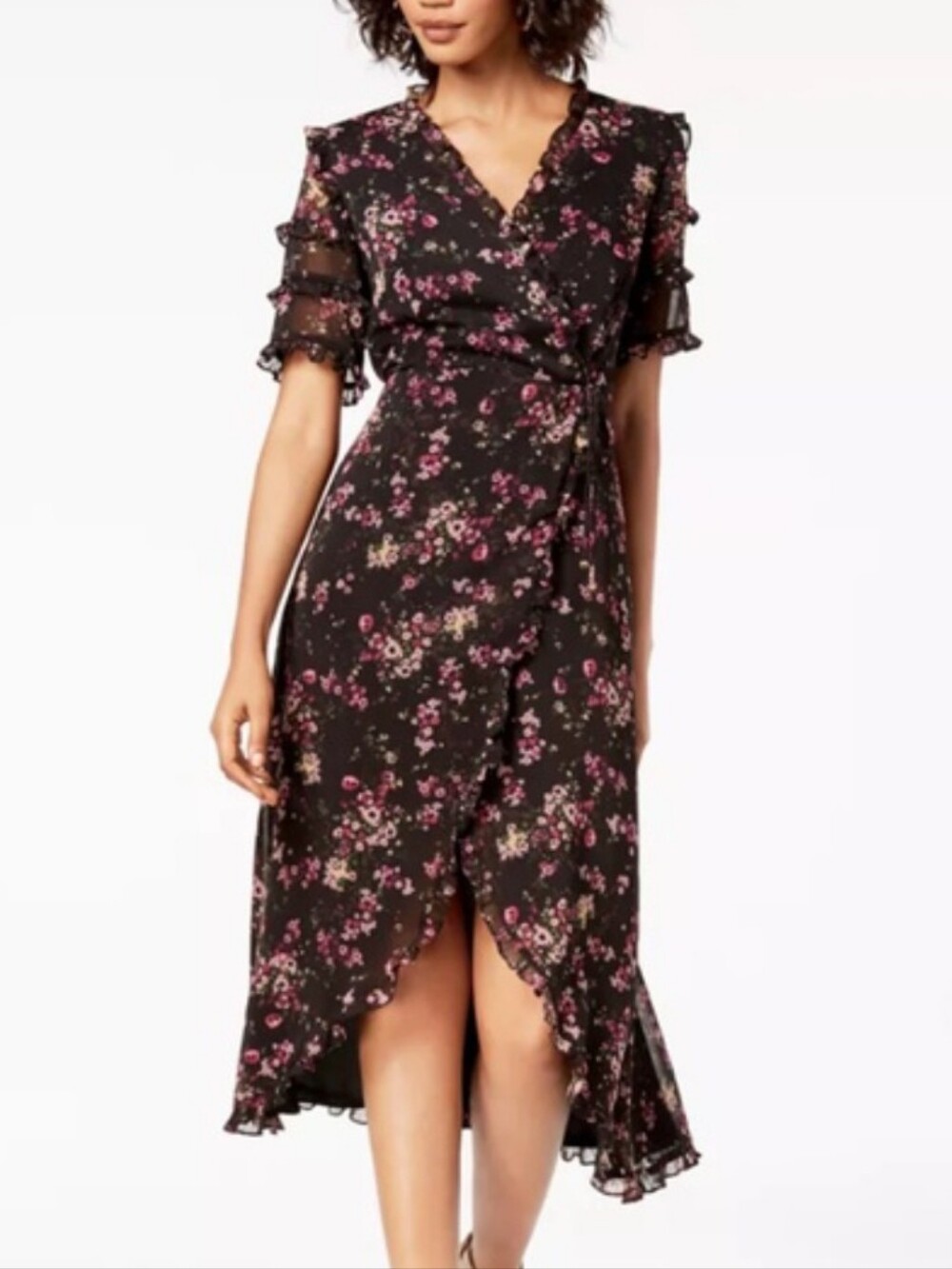 Kensie High Low Floral Ruffle Wrap Dress Black Pink